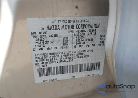 2001 Mazda Tribute Dx V6 from USA, damaged, VIN 4F2YU07191KM40438